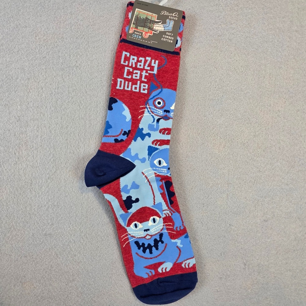 Blue Q Crazy Cat Dude Mens Crew Socks Graphic Novelty Combed Cotton Blend 7-12